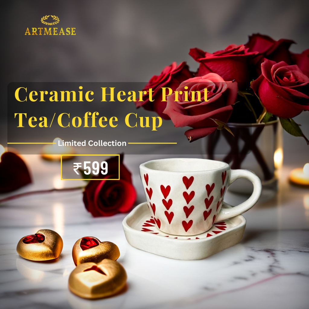 Ceramic Heart Print Tea/Coffee Mug & Saucer Set | Microwave Safe | Gift