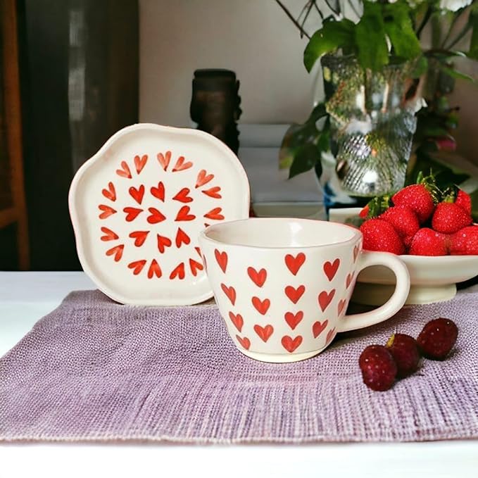Ceramic Heart Print Tea/Coffee Mug & Saucer Set | Microwave Safe | Gift