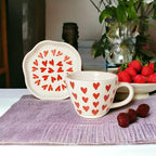 Ceramic Heart Print Tea/Coffee Mug & Saucer Set | Microwave Safe | Gift
