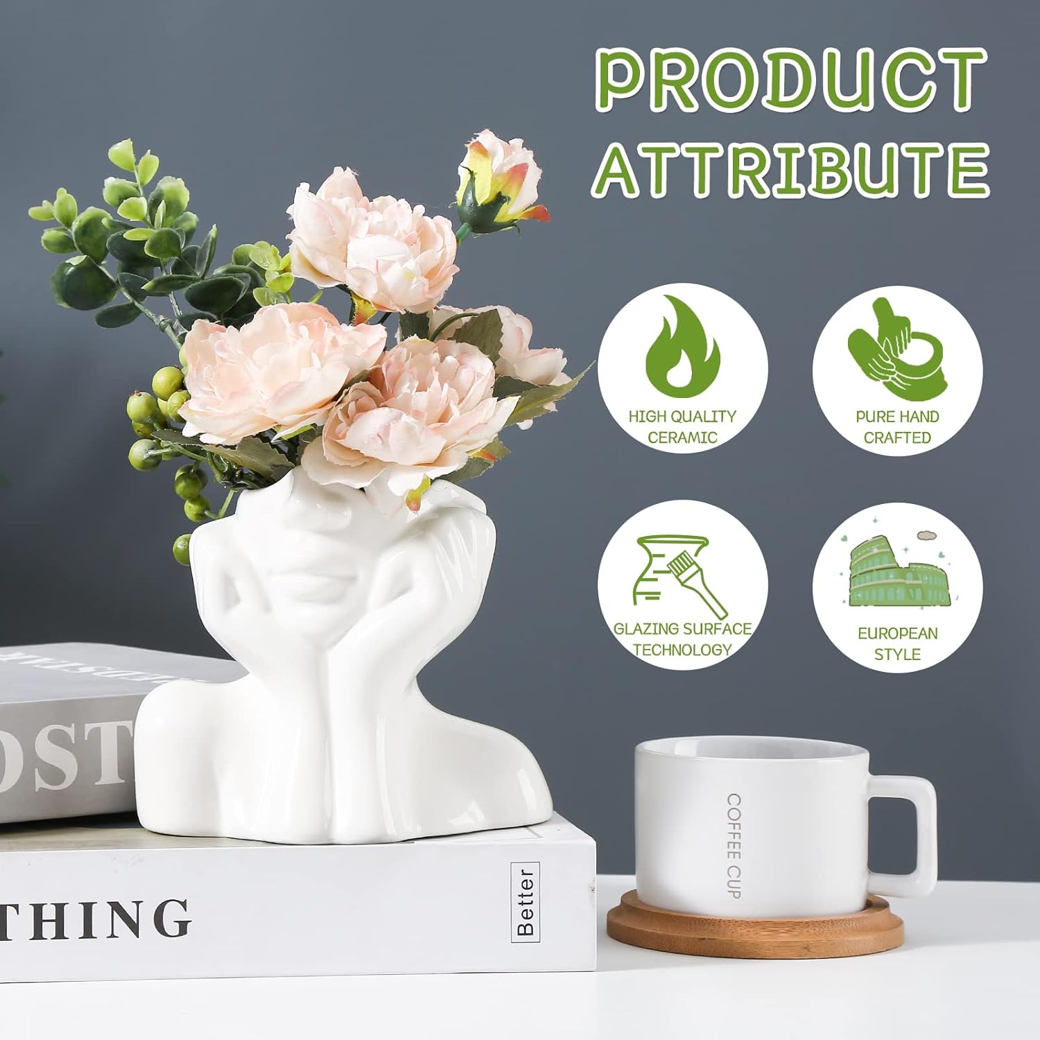 Female Face Decorative Flower Pot for Living Room, Bedroom, Dining Room, Ceramic Porcelain Vase