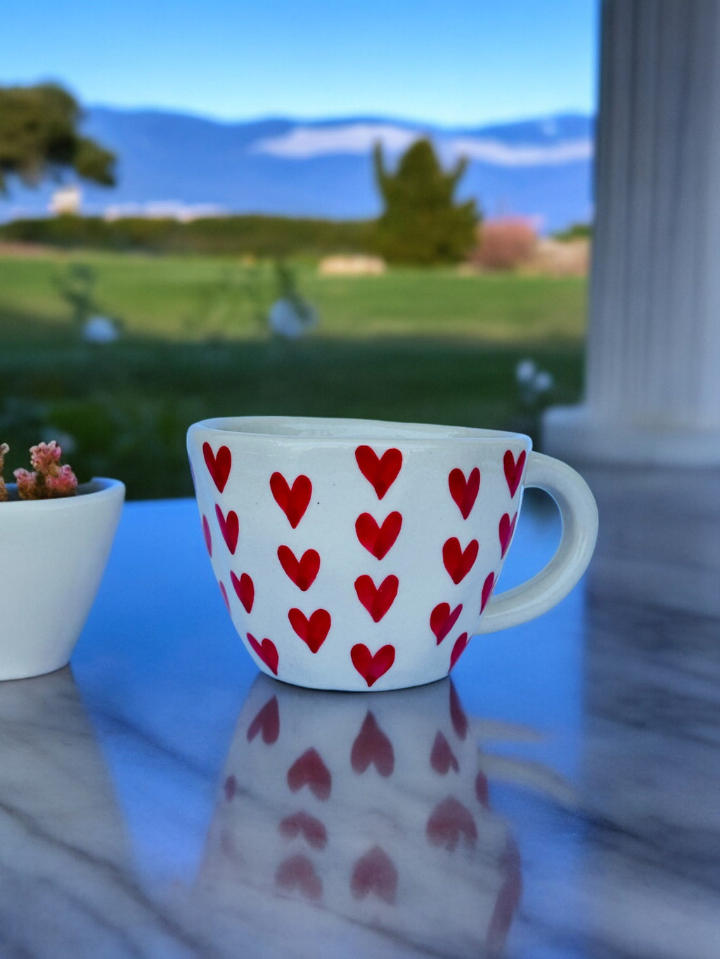 Handcrafted Red Hearts Ceramic Cup for Coffee, Tea | Microwave Safe | Cute Handpainted Cup