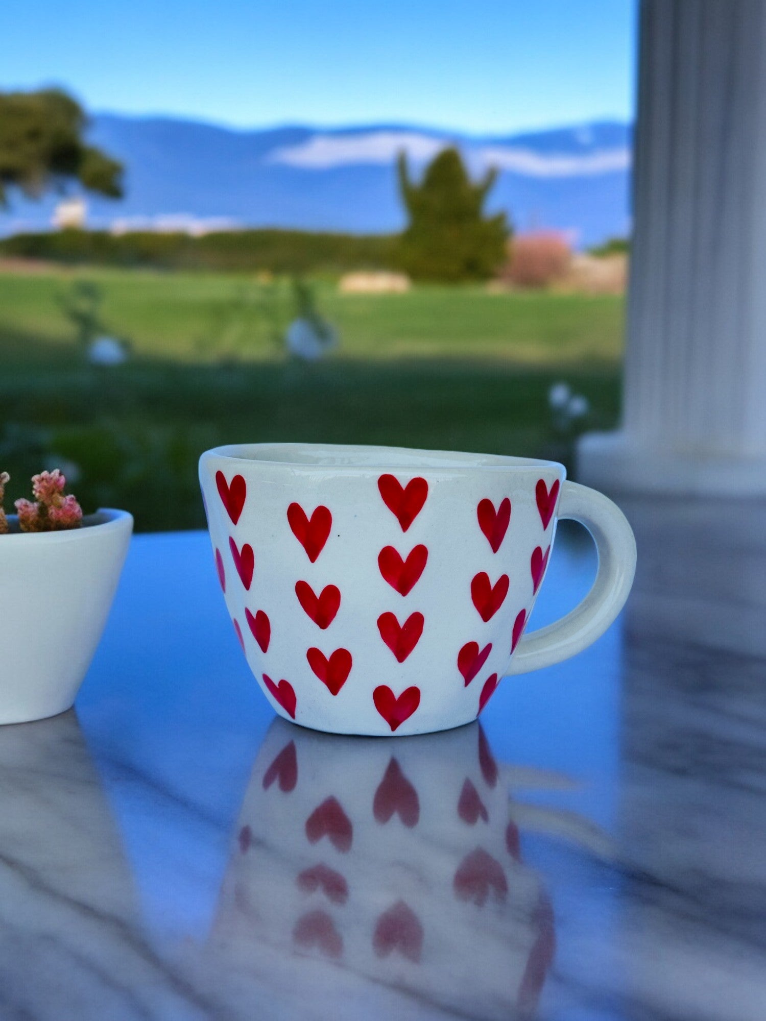 Handcrafted Red Hearts Ceramic Cup for Coffee, Tea | Microwave Safe | Cute Handpainted Cup