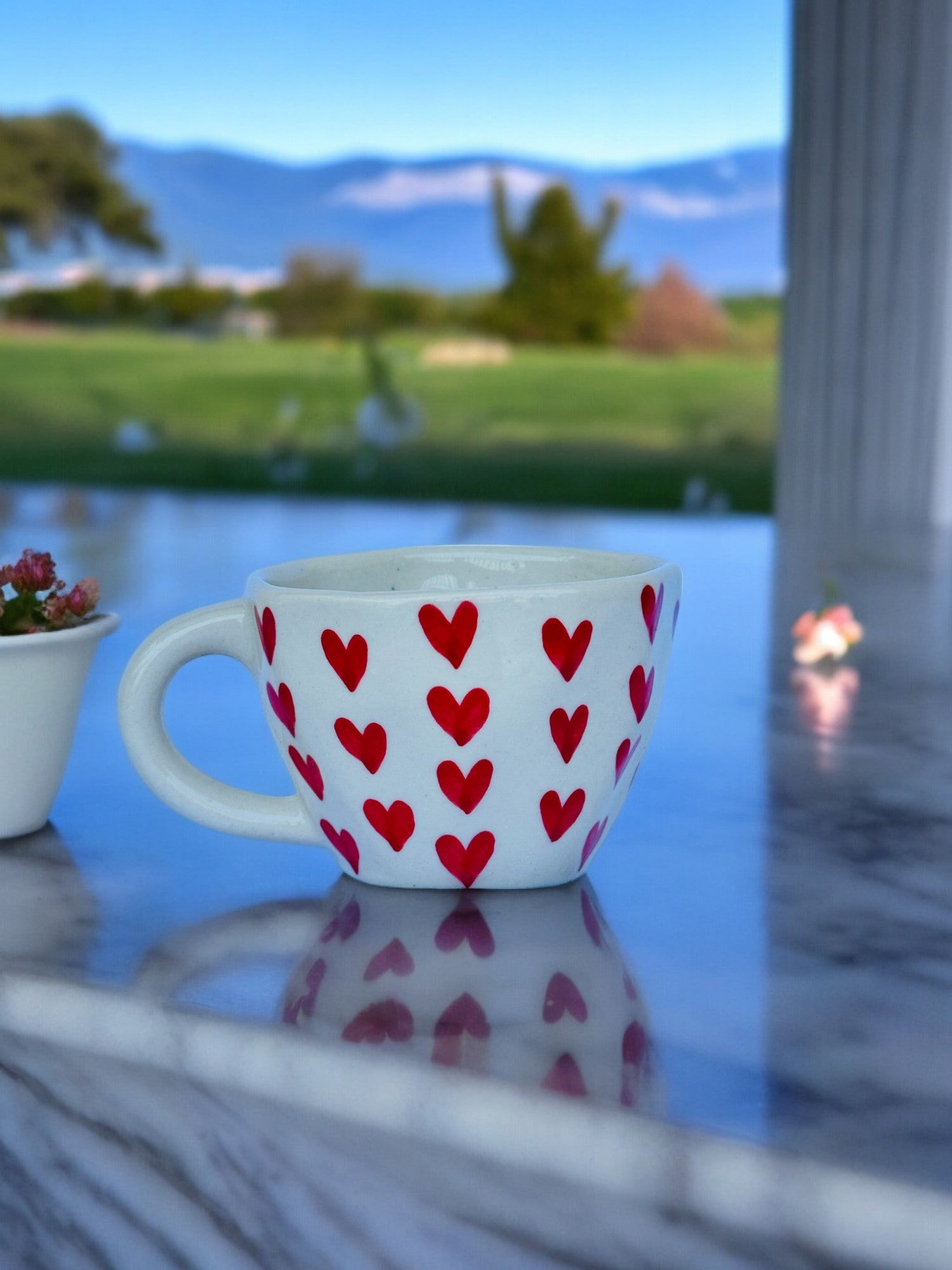 Handcrafted Red Hearts Ceramic Cup for Coffee, Tea | Microwave Safe | Cute Handpainted Cup