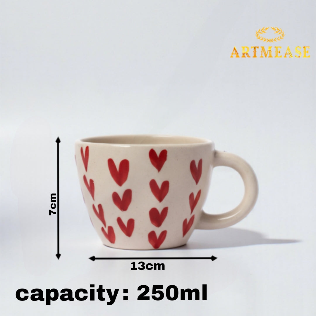 Ceramic Heart Print Tea/Coffee Mug & Saucer Set | Microwave Safe | Gift