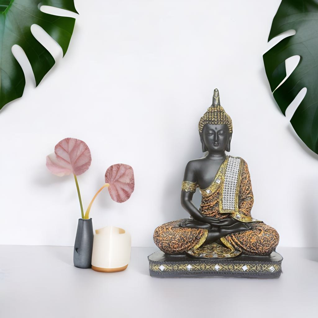 Meditating Sitting Buddha Statue Showpiece Idol Home Decor Items for Living Room and Gifts (Orange Black)