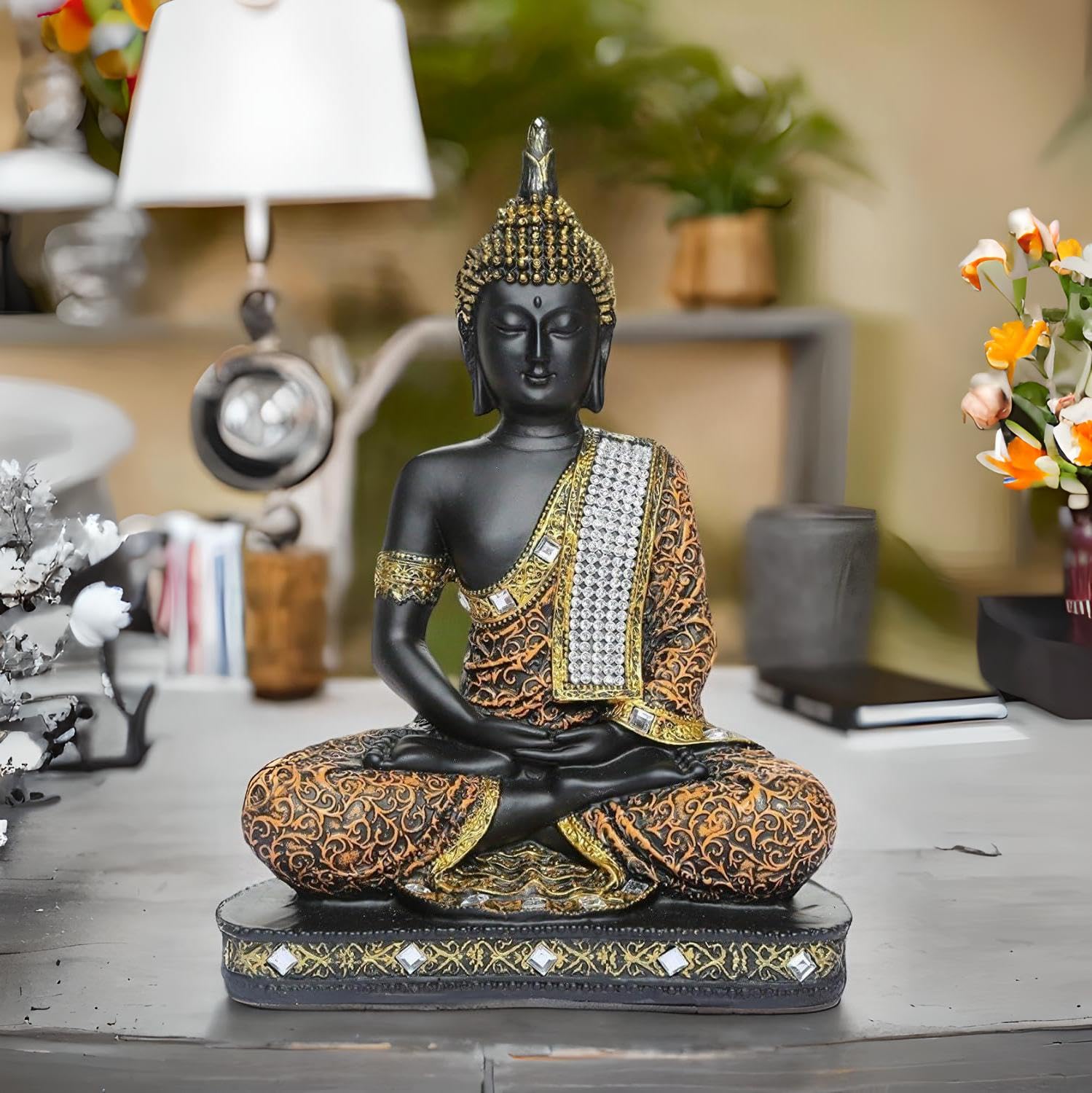 Meditating Sitting Buddha Statue Showpiece Idol Home Decor Items for Living Room and Gifts (Orange Black)