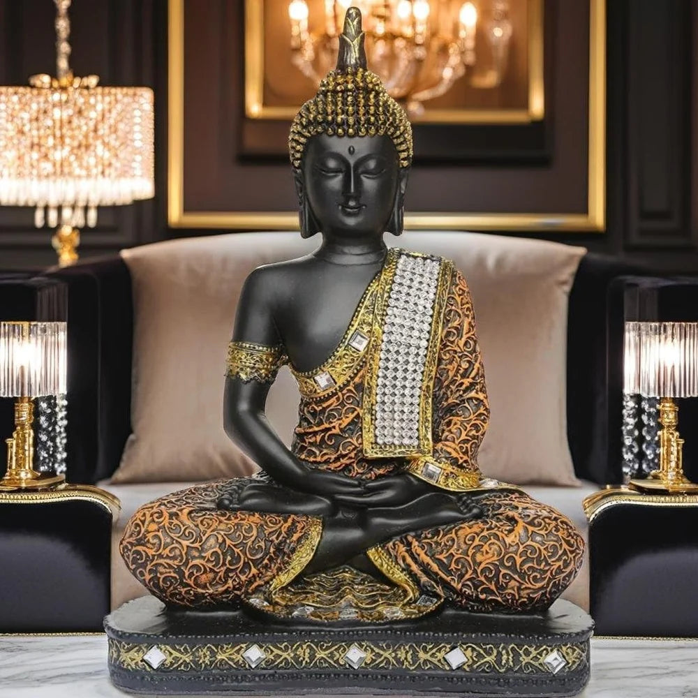 Meditating Sitting Buddha Statue Showpiece Idol Home Decor Items for Living Room and Gifts (Orange Black)