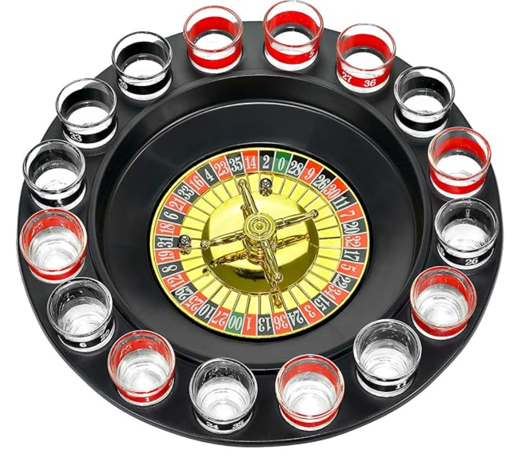 Artmease Shot Glass Roulette Drinking Game Set with Spinning Wheel, 2 Balls and 16 Shot Glasses - Casino Adult Party Games