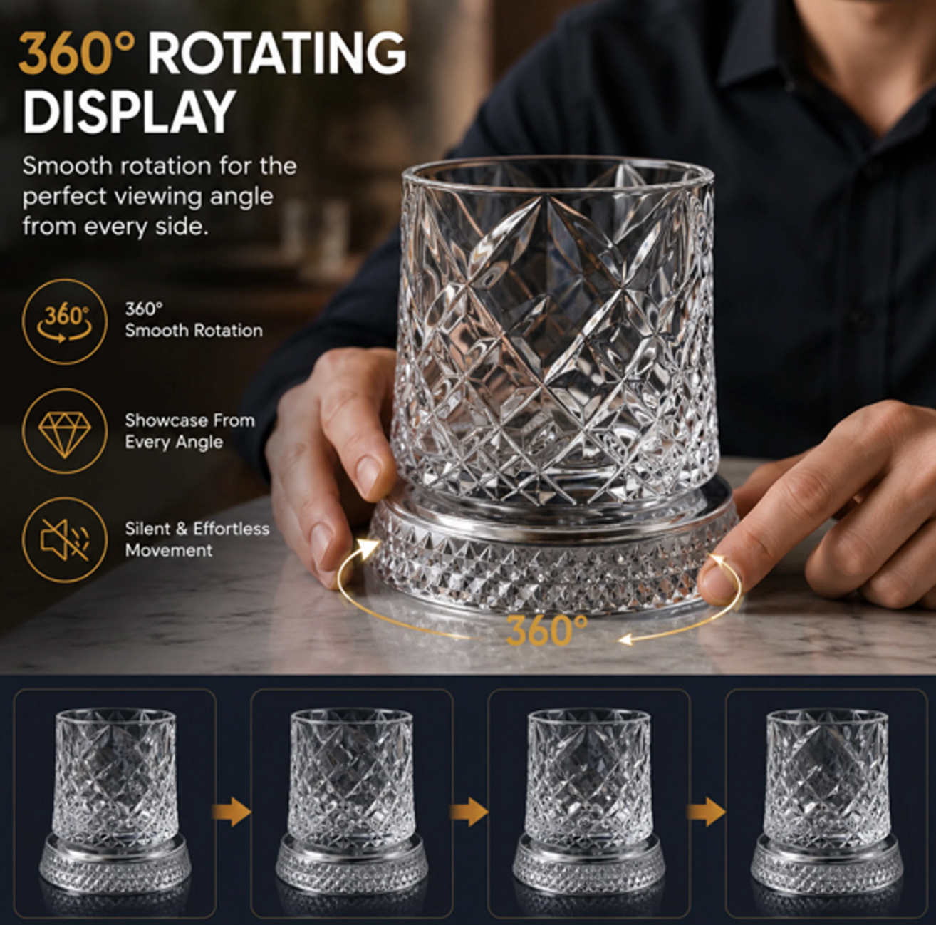 Artmease 360° Premium Rotating Whiskey Glass with Coaster | Crystal Clear Spinning Whisky Tumbler | Unique Barware Gift for Whiskey & Scotch Lovers | Set of 2