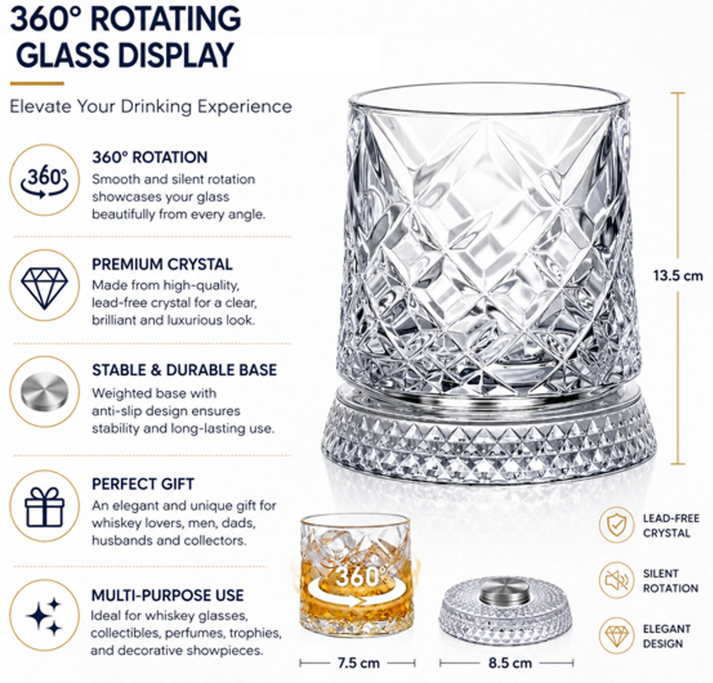 Artmease 360° Premium Rotating Whiskey Glass with Coaster | Crystal Clear Spinning Whisky Tumbler | Unique Barware Gift for Whiskey & Scotch Lovers | Set of 2