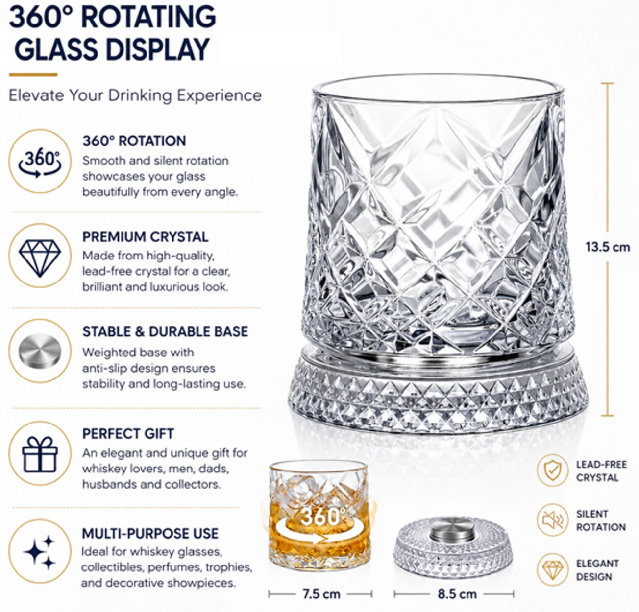 Artmease 360° Premium Rotating Whiskey Glass with Coaster | Crystal Clear Spinning Whisky Tumbler | Unique Barware Gift for Whiskey & Scotch Lovers | Set of 2
