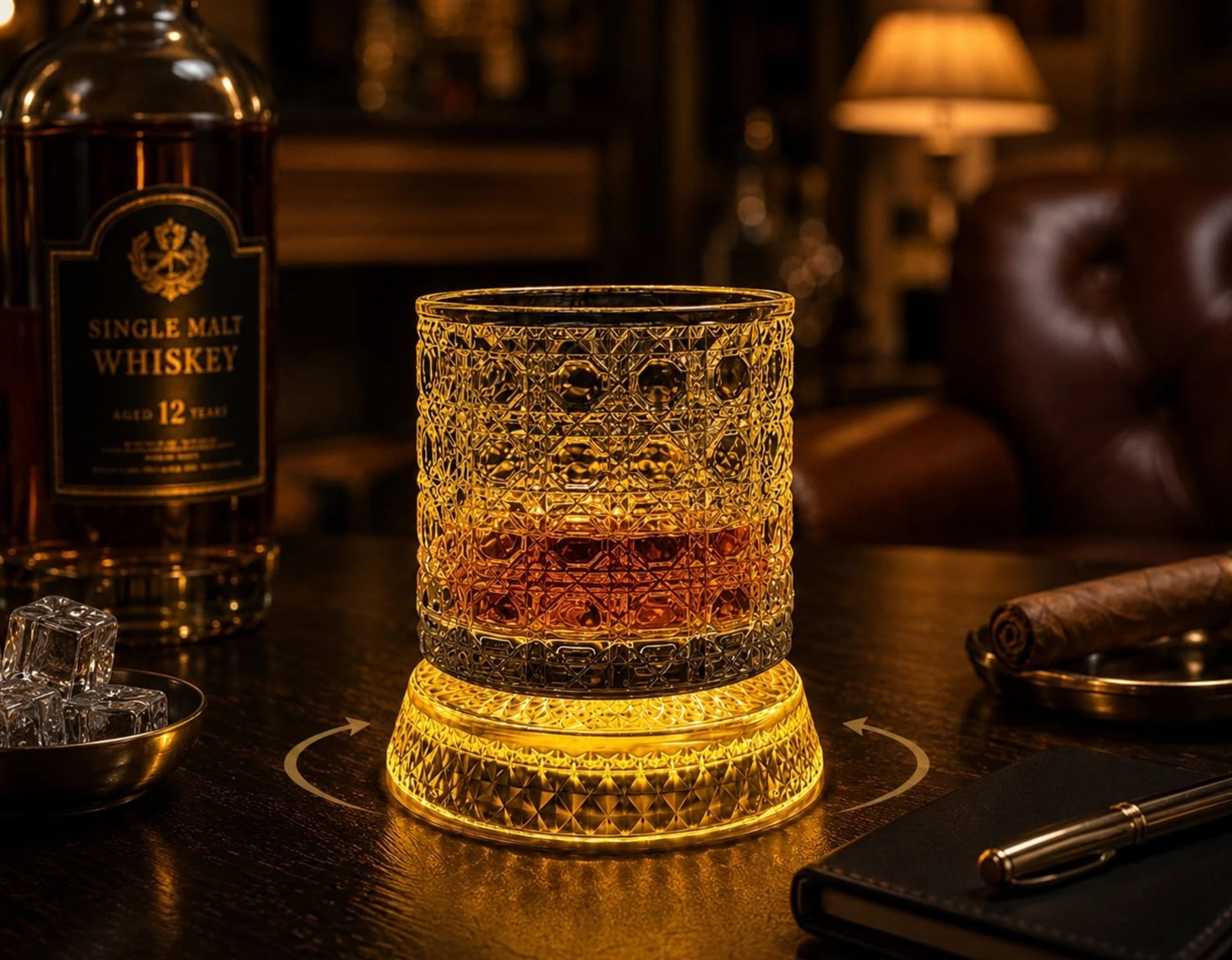 Artmease 360° Premium Rotating Whiskey Glass with Coaster | Crystal Clear Spinning Whisky Tumbler | Unique Barware Gift for Whiskey & Scotch Lovers | Set of 2