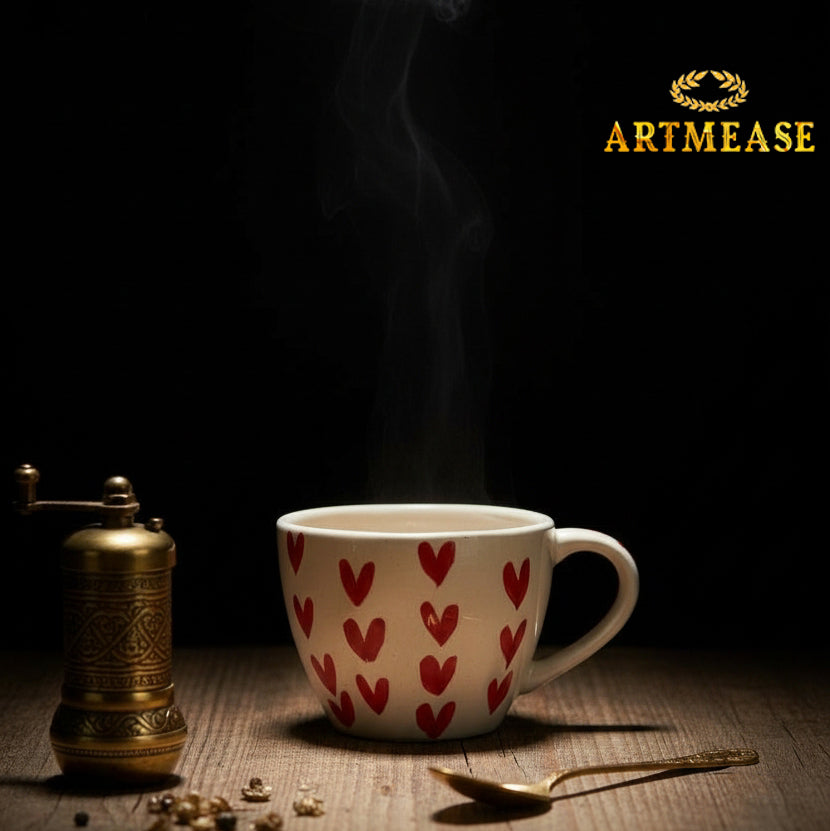 Ceramic Heart Print Tea/Coffee Mug & Saucer Set | Microwave Safe | Gift