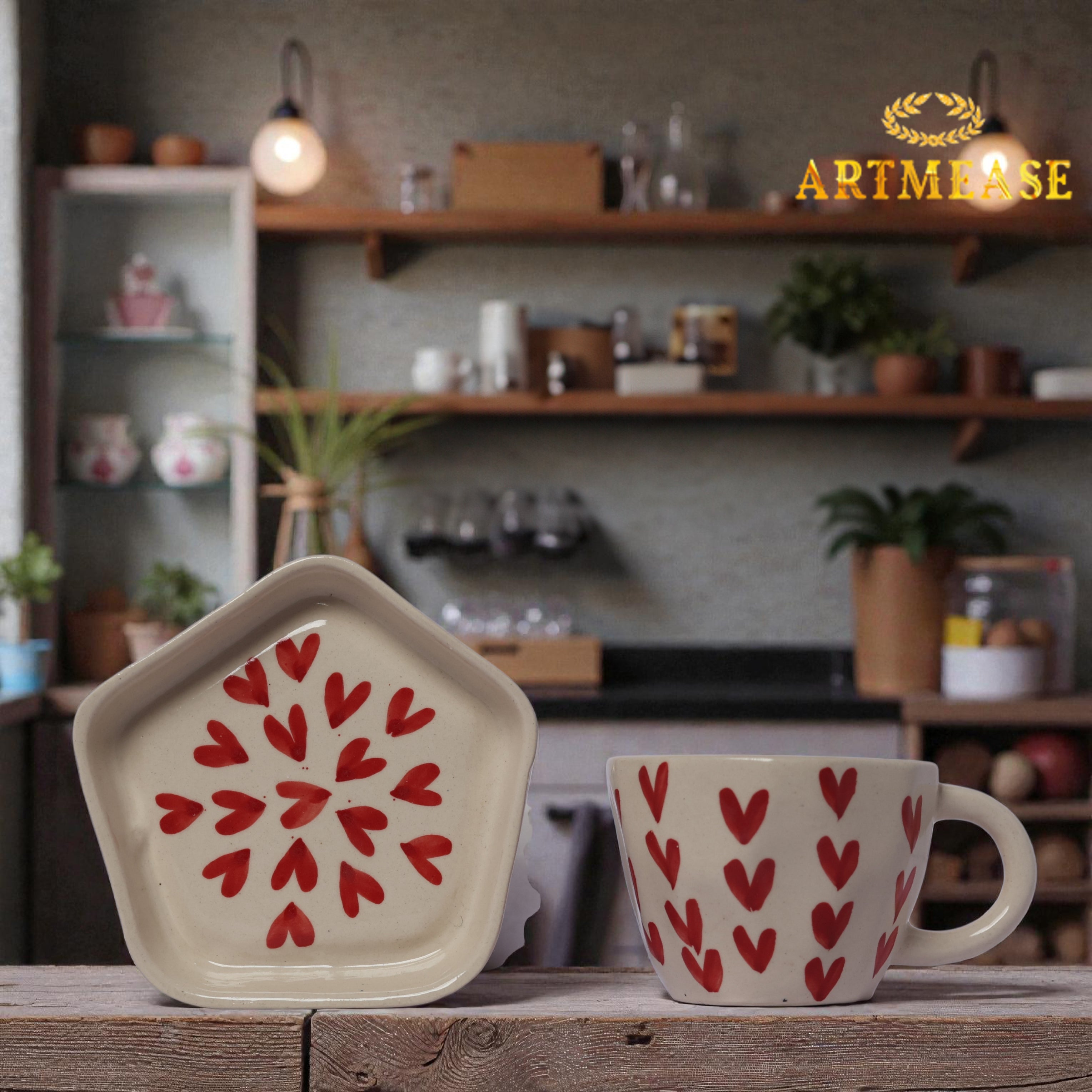 Ceramic Heart Print Tea/Coffee Mug & Saucer Set | Microwave Safe | Gift