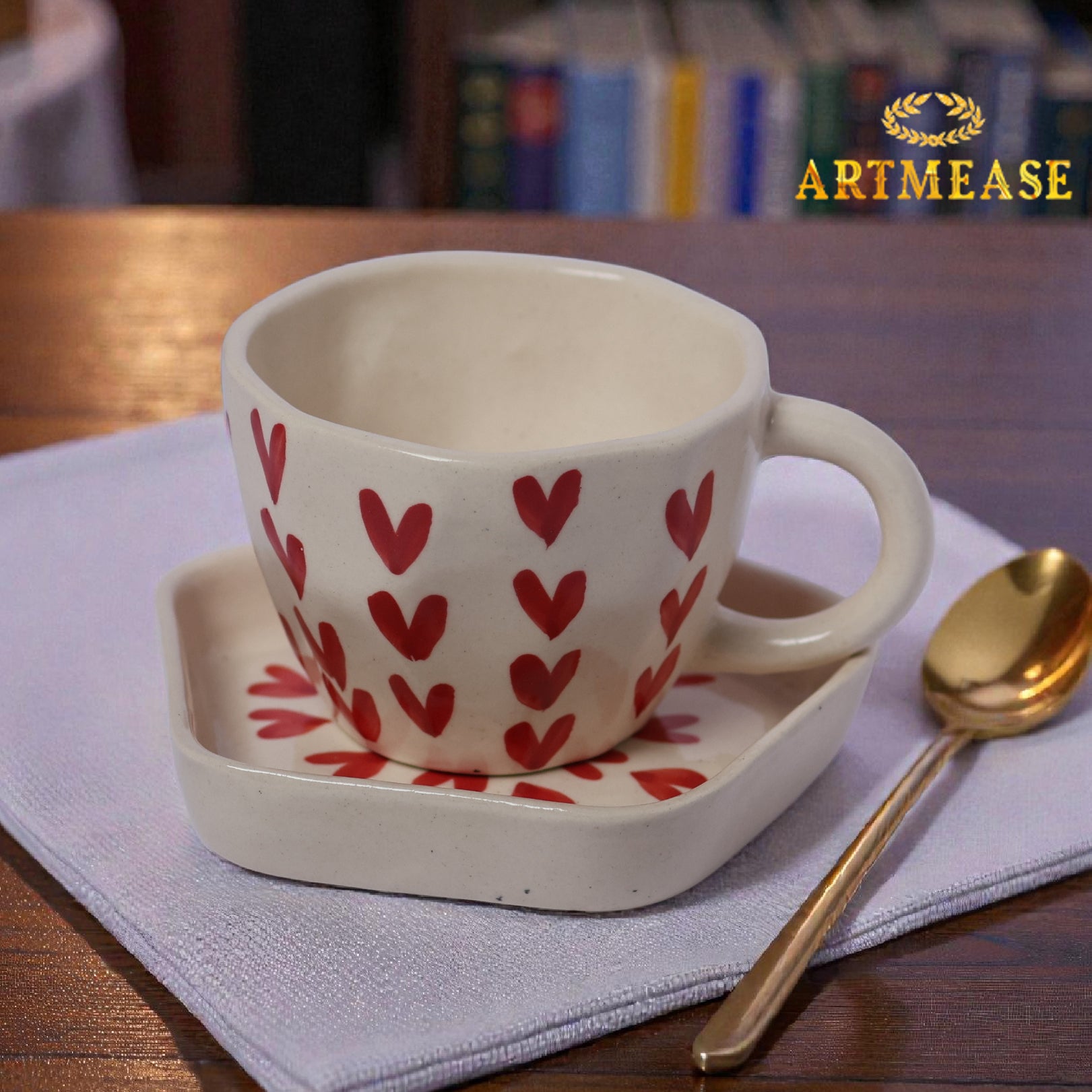 Ceramic Heart Print Tea/Coffee Mug & Saucer Set | Microwave Safe | Gift