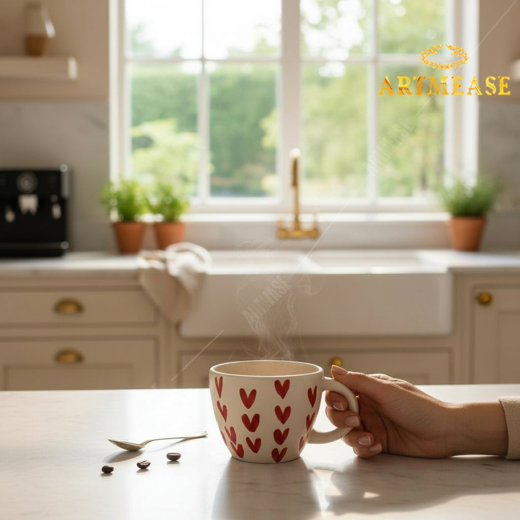 Ceramic Heart Print Tea/Coffee Mug & Saucer Set | Microwave Safe | Gift