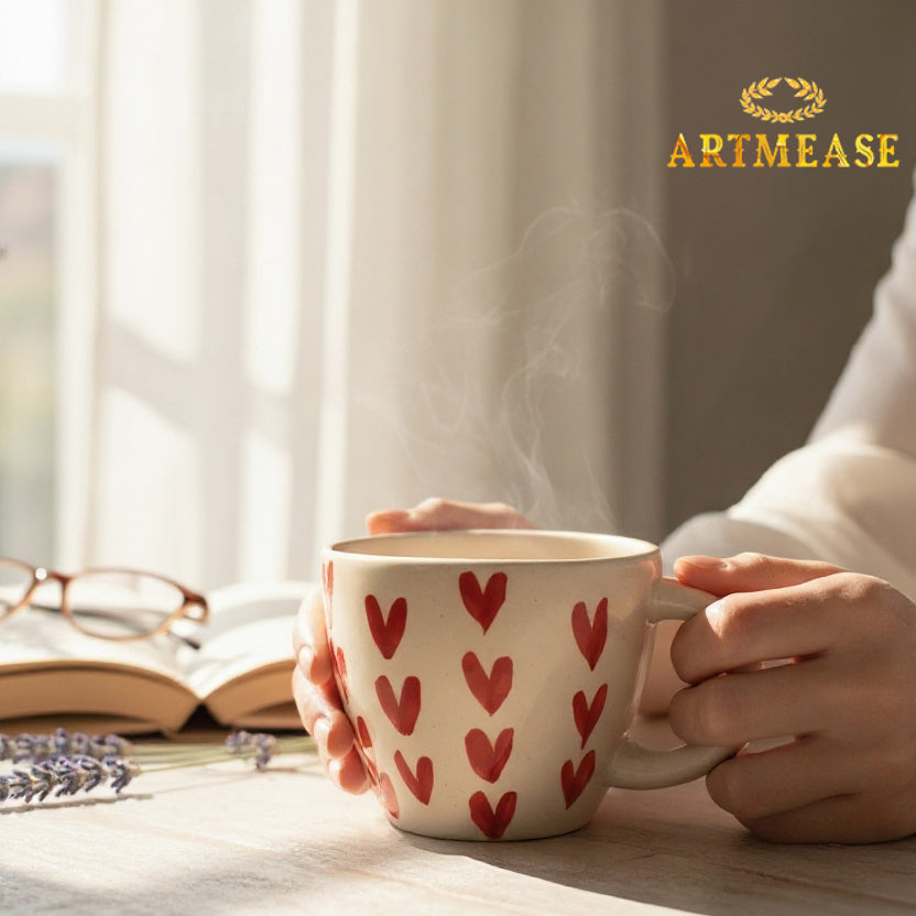 Ceramic Heart Print Tea/Coffee Mug & Saucer Set | Microwave Safe | Gift
